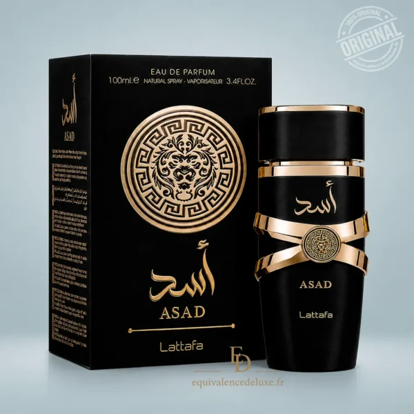 Flacon et coffret du parfum Asad Lattafa Eau de Parfum 100 ml pour homme sur fond clair