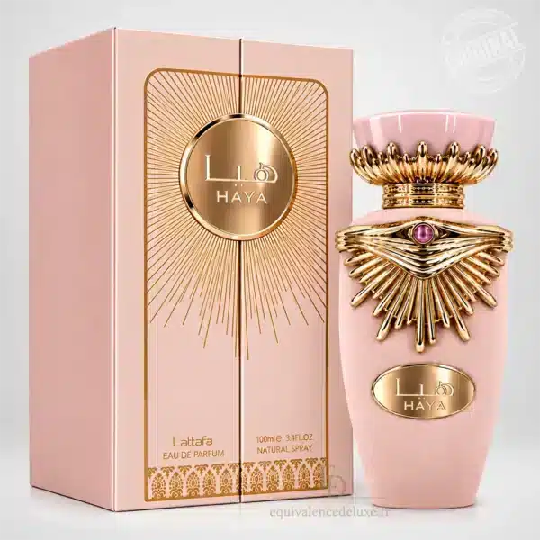 Flacon rose poudré Haya Lattafa Eau de Parfum 100 ml avec ornements dorés et coffret rose assorti