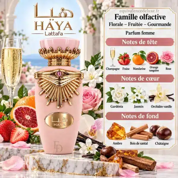 Haya Lattafa – Pyramide Olfactive Notes olfactives Haya Lattafa avec champagne, fraise, mandarine, orange sanguine, rose, gardénia, jasmin, orchidée vanille, ambre, santal et châtaigne