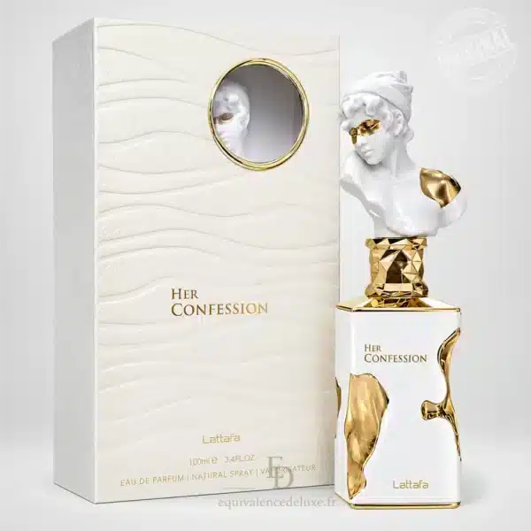 Flacon blanc et or Her Confession Lattafa Eau de Parfum Femme 100 ml avec bouchon sculptural et coffret blanc