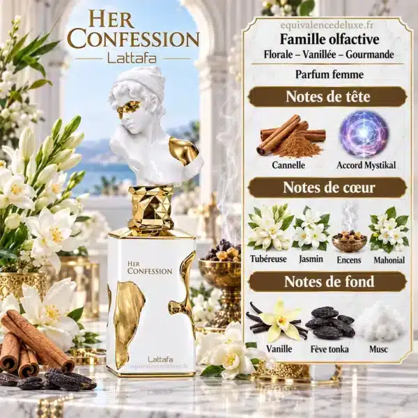 Her Confession Lattafa – Pyramide Olfactive Notes olfactives Her Confession Lattafa avec cannelle, accord Mystikal, tubéreuse, jasmin, encens, mahonial, vanille, fève tonka et musc