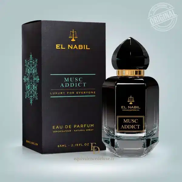 Flacon Musc Addict El Nabil Eau de Parfum mixte 65 ml dans un décor oriental chaleureux.