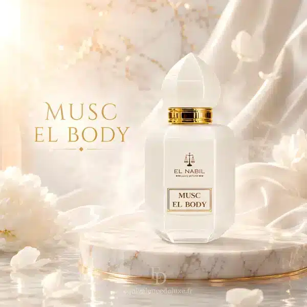 Flacon Musc El Body El Nabil 65 ml présenté dans un décor blanc et doré évoquant une fragrance musquée, florale et délicate.