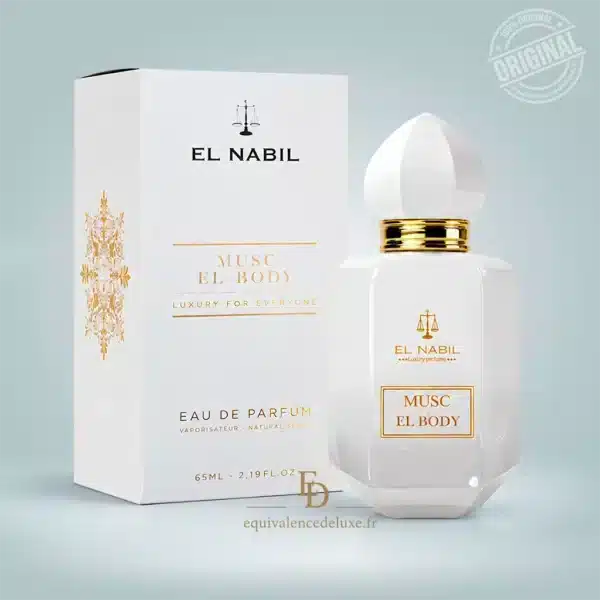 Flacon et boîte de Musc El Body El Nabil Eau de Parfum mixte 65 ml sur fond clair.