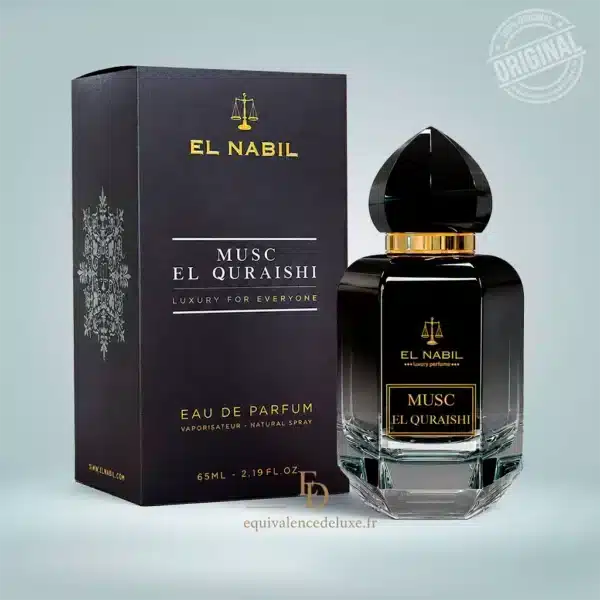 Flacon et boîte de Musc El Quraishi El Nabil Eau de Parfum mixte 65 ml sur fond clair.