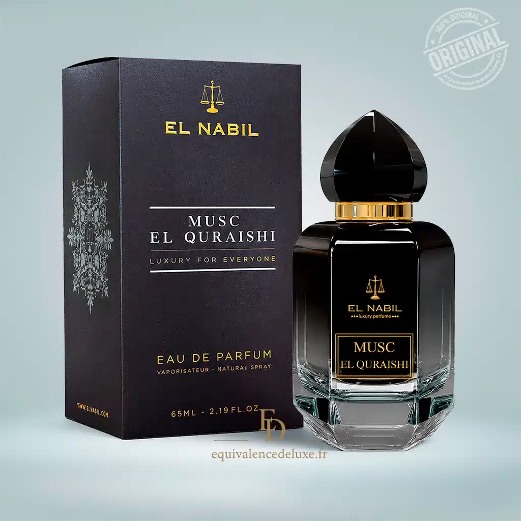 Musc El Quraishi – Parfum floral musqué boisé unisexe 65 ml 1 Flacon et boîte de Musc El Quraishi El Nabil Eau de Parfum mixte 65 ml sur fond clair.