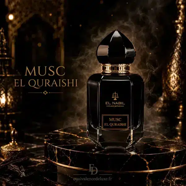 Flacon Musc El Quraishi El Nabil 65 ml présenté dans un décor oriental noir et doré évoquant son caractère musqué, ambré et boisé.