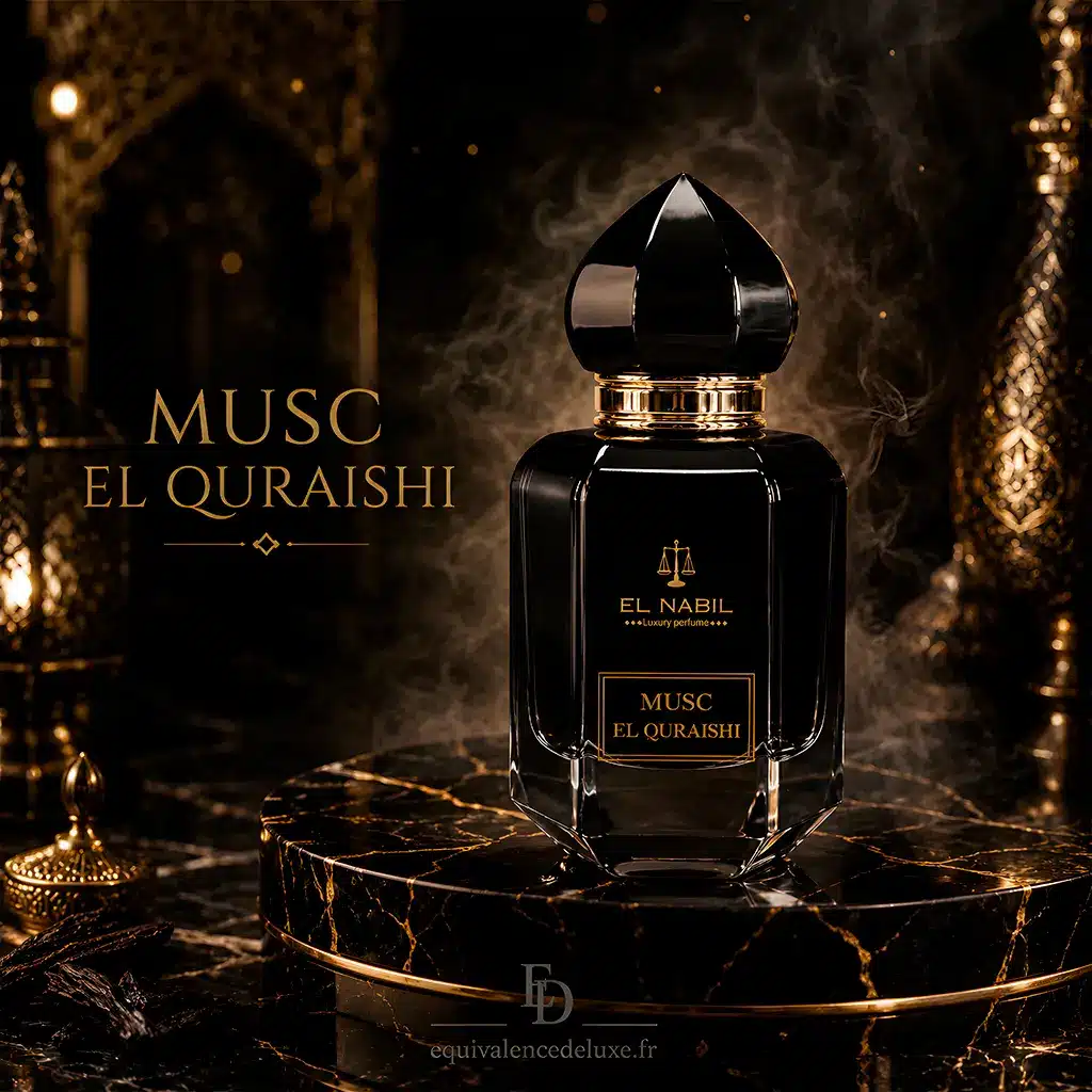 Musc El Quraishi – Parfum floral musqué boisé unisexe 65 ml 2 Flacon Musc El Quraishi El Nabil 65 ml présenté dans un décor oriental noir et doré évoquant son caractère musqué, ambré et boisé.