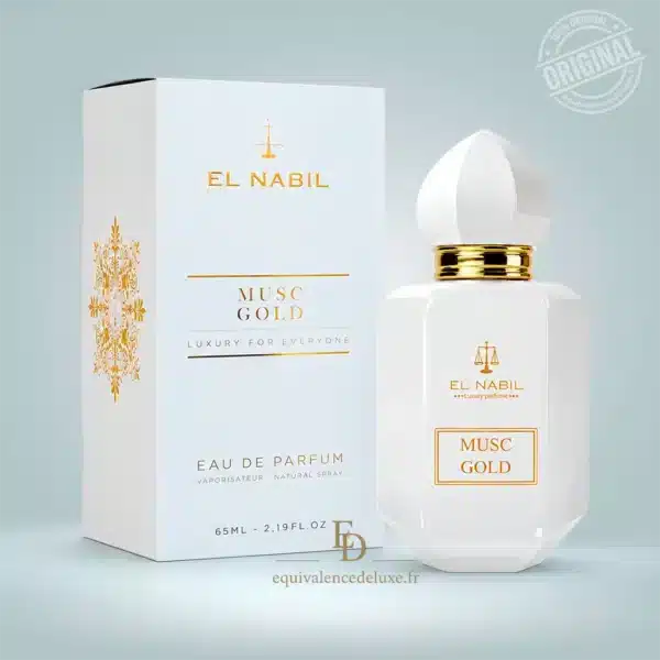 Flacon et boîte de Musc Gold El Nabil Eau de Parfum mixte 65 ml sur fond clair.
