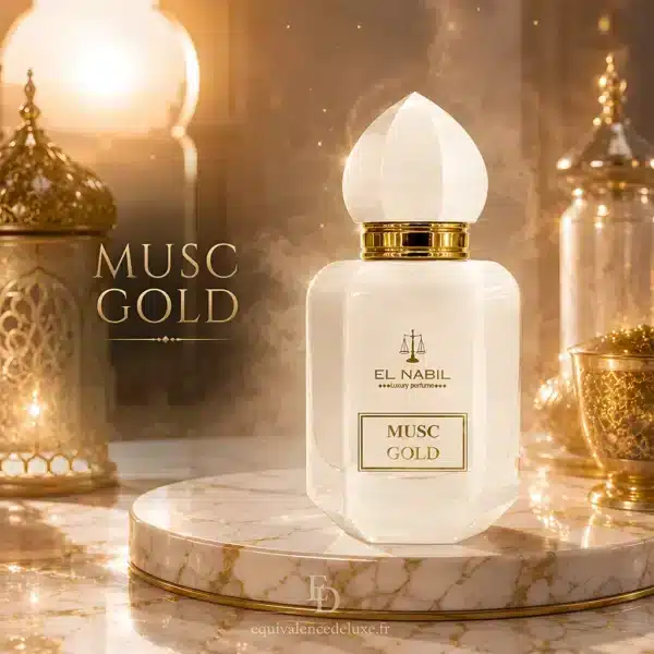 Flacon Musc Gold El Nabil 65 ml présenté dans un décor oriental doré évoquant ses accords de musc blanc, ambre, vanille et bois de santal.
