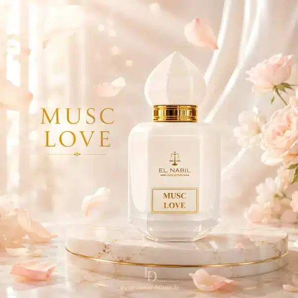 Musc Love El Nabil – Parfum Mixte Musqué et Floral Flacon Musc Love El Nabil 65 ml présenté dans un décor floral rose évoquant ses notes de musc blanc, rose, jasmin et vanille.