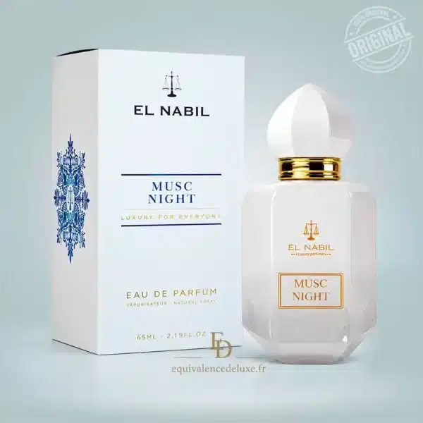 Flacon et boîte de Musc Night El Nabil Eau de Parfum mixte 65 ml sur fond clair.
