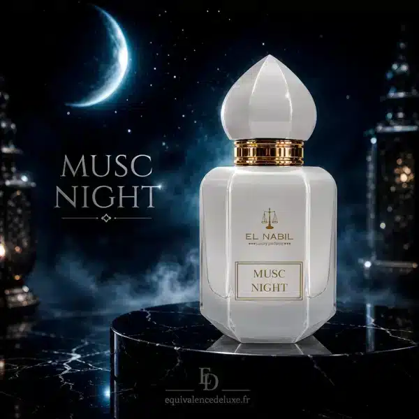 Flacon Musc Night El Nabil 65 ml dans un décor nocturne bleu évoquant ses notes de musc blanc, ambre chaud, vanille et bois précieux.