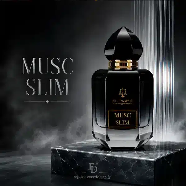 Flacon Musc Slim El Nabil 65 ml dans un décor noir et argent évoquant son parfum frais, fruité, floral et musqué.