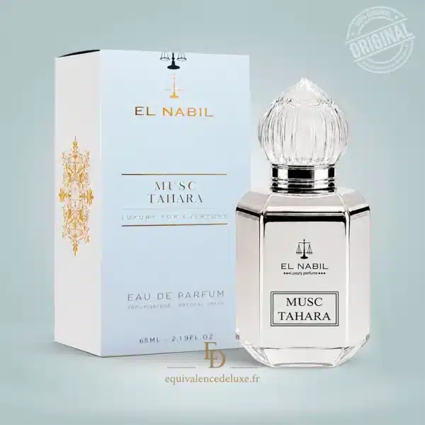 Flacon et boîte du parfum Musc Tahara El Nabil 65 ml, Eau de Parfum mixte aux notes de musc blanc, jasmin, fleurs blanches, ambre et bois doux.