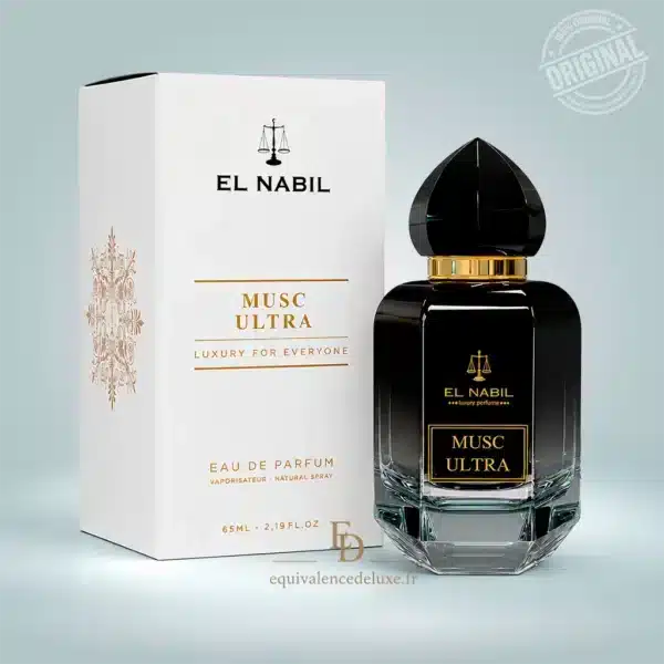 Flacon et boîte du parfum Musc Ultra El Nabil 65 ml, Eau de Parfum mixte aux notes de musc blanc, bouquet floral, ambre doux et bois légers.