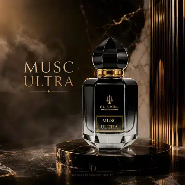 Flacon Musc Ultra El Nabil 65 ml présenté dans un décor oriental élégant mettant en valeur ses notes de musc blanc, fleurs délicates, ambre doux et bois légers.