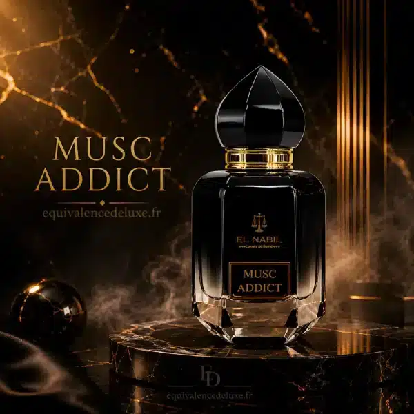 Pyramide olfactive de Musc Addict El Nabil avec musc blanc, ambre chaud, bois précieux et résines orientales.