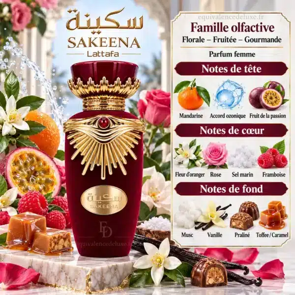 Sakeena Lattafa – Notes Olfactives Pyramide olfactive Sakeena Lattafa avec mandarine, fruit de la passion, rose, fleur d'oranger, framboise, vanille, praliné et caramel