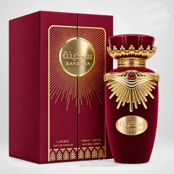 Flacon bordeaux Sakeena Lattafa Eau de Parfum 100 ml avec décoration dorée, bouchon sculpté et coffret assorti