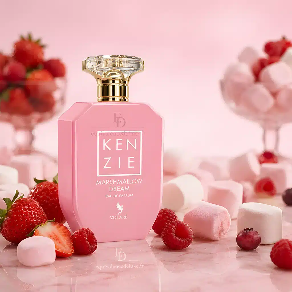 Marshmallow Dream Kenzie – Parfum Gourmand Sucré et Addictif 5 Flacon Kenzie Marshmallow Dream de Volaré entouré de fraises, framboises, guimauves et vanille illustrant ses accords gourmands.