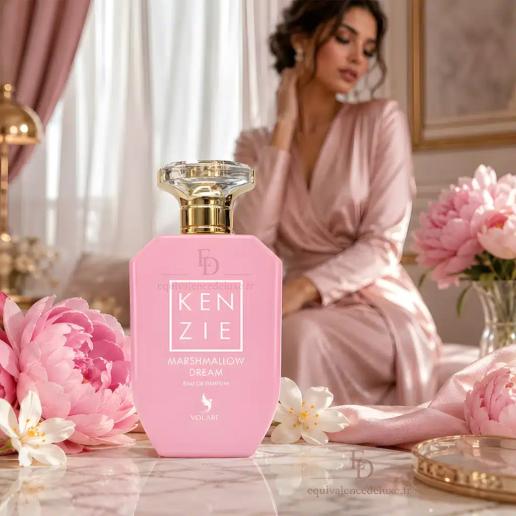 Marshmallow Dream Kenzie – Parfum Gourmand Sucré et Addictif 4 Flacon Kenzie Marshmallow Dream de Volaré Eau de Parfum femme 100 ml présenté dans un décor floral aux tons roses.
