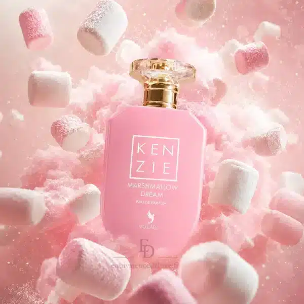 Kenzie Marshmallow Dream Notes Gourmandes Eau de Parfum Kenzie Marshmallow Dream de Volaré entourée de guimauves roses illustrant son univers gourmand.