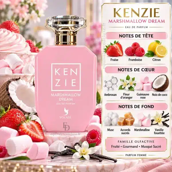 Kenzie Marshmallow Dream – Notes et Famille Olfactive Visuel des notes de Kenzie Marshmallow Dream Volaré avec fraise, framboise, guimauve, noix de coco, musc et vanille