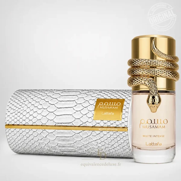 Musamam White Intense Lattafa Eau de Parfum mixte 100 ml avec flacon blanc et doré et coffret effet python
