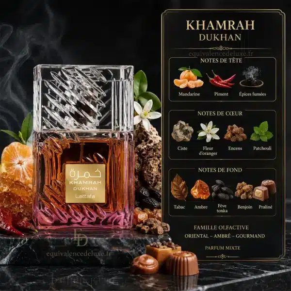 Notes Olfactives Khamrah Dukhan Lattafa Notes de Khamrah Dukhan Lattafa avec mandarine, piment, épices fumées, encens, patchouli, tabac, ambre, tonka et praliné