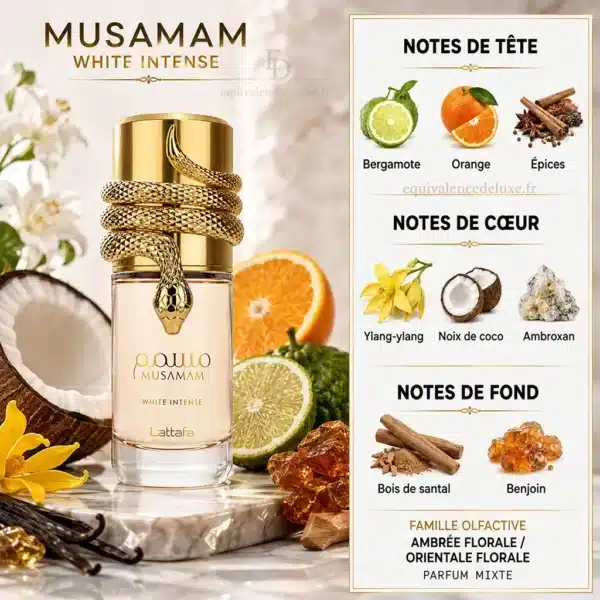 Notes olfactives Musamam White Intense Lattafa avec bergamote, orange, coco, ylang-ylang, Ambroxan, Mahonial, santal, musc et benjoin
