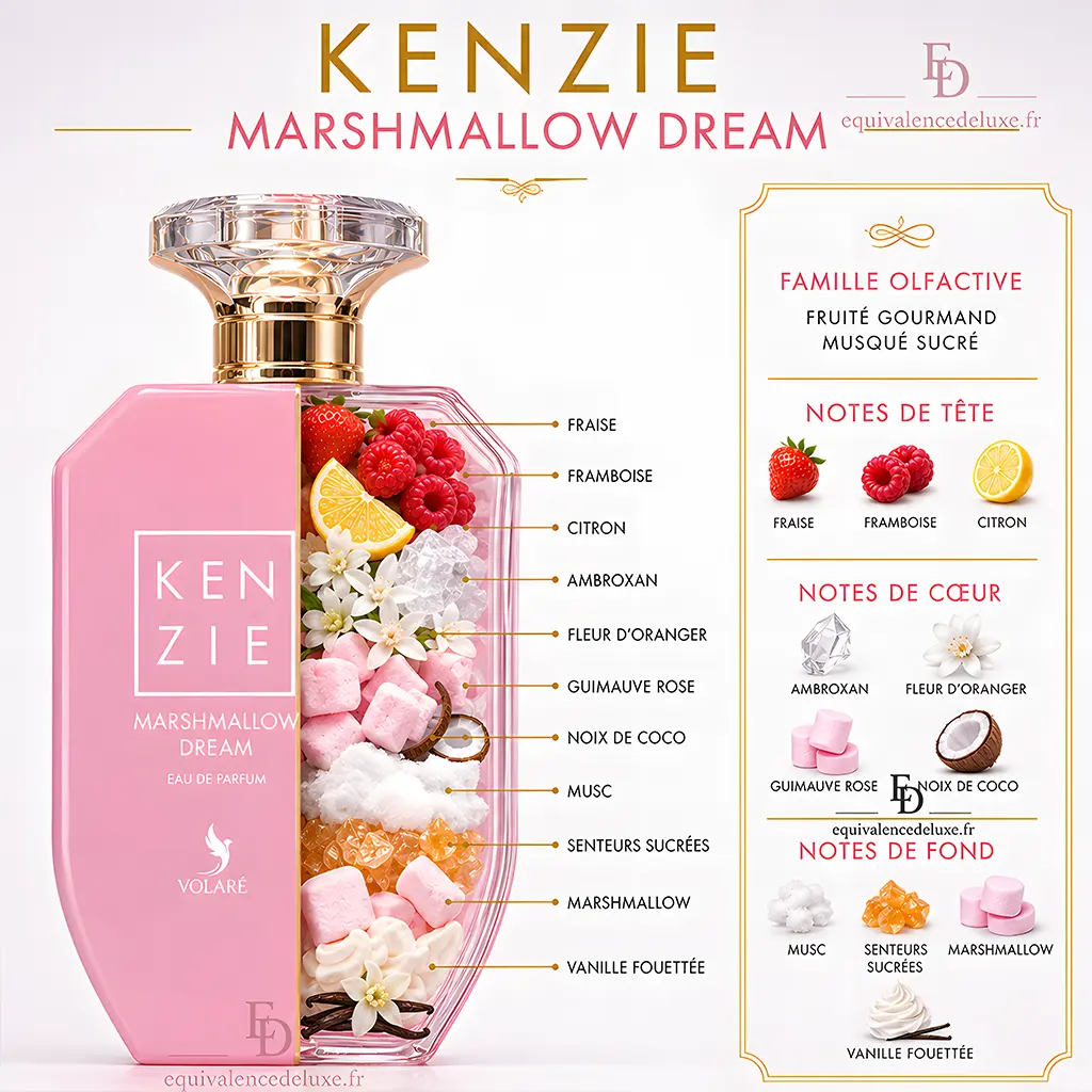 Marshmallow Dream Kenzie – Parfum Gourmand Sucré et Addictif 3 Pyramide olfactive du parfum Kenzie Marshmallow Dream avec les notes de tête, de cœur et de fond.