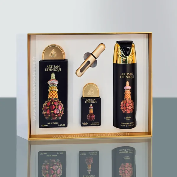 Parfums Pour Homme 61 Coffret Artisan Ethnique Lattafa Pride posé sur fond doré – parfum oriental boisé épicé mixte