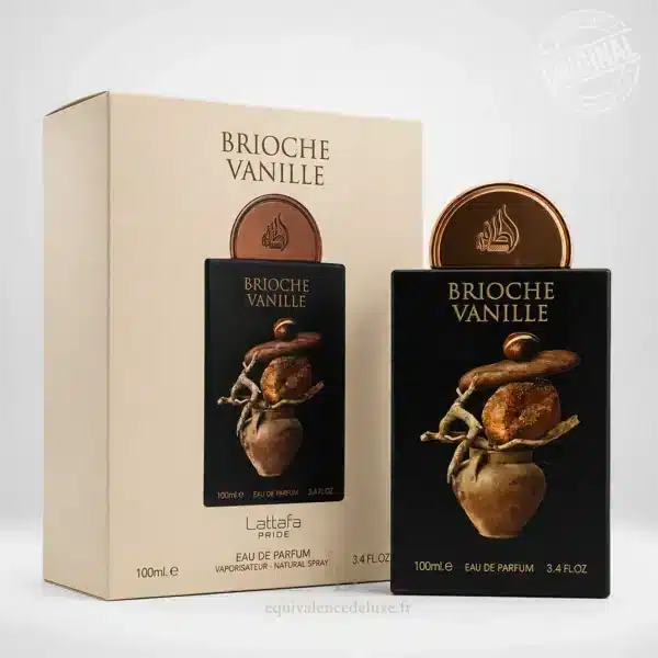 Parfums Dubaï, Collection Privée & Parfums Inspirés au Meilleur Prix 26 Brioche Vanille Lattafa Pride avec boîte dans un décor gourmand de brioche, vanille, lait et pâtisserie