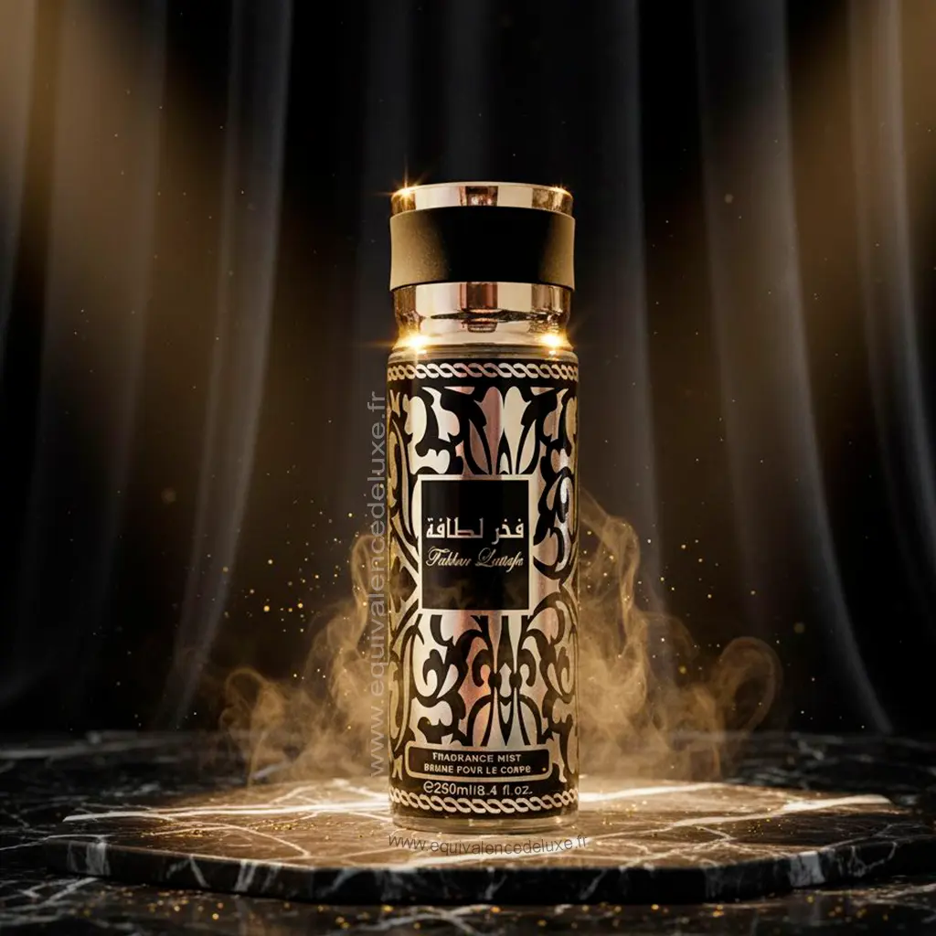 Brume Fakhar Lattafa Silver – Fragrance Mist 250 ml 2 Brume corporelle Fakhar Silver posée sur marbre noir ambiance luxueuse