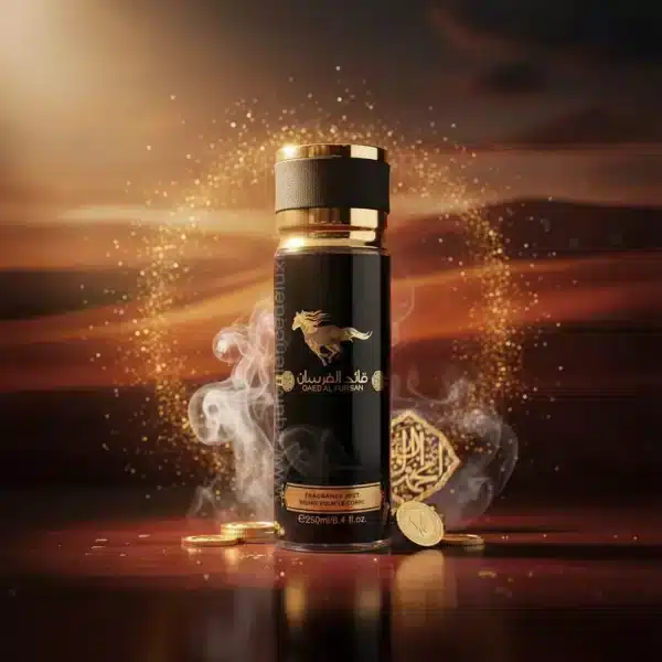 Brume Qaed Al Fursan Noir & Or – Brume Parfumée Intense Brume Qaed Al Fursan 250 ml posée dans un décor oriental avec fumée et pièces dorées