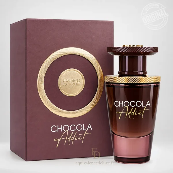 Flacon brun Chocola Addict French Avenue avec finitions dorées et boîte assortie