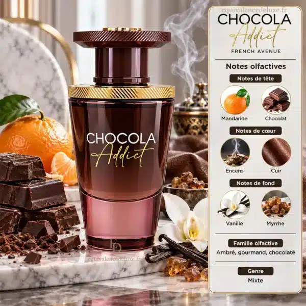 Chocola Addict – Pyramide Olfactive Notes du parfum Chocola Addict French Avenue : mandarine, chocolat, encens, cuir, vanille et myrrhe