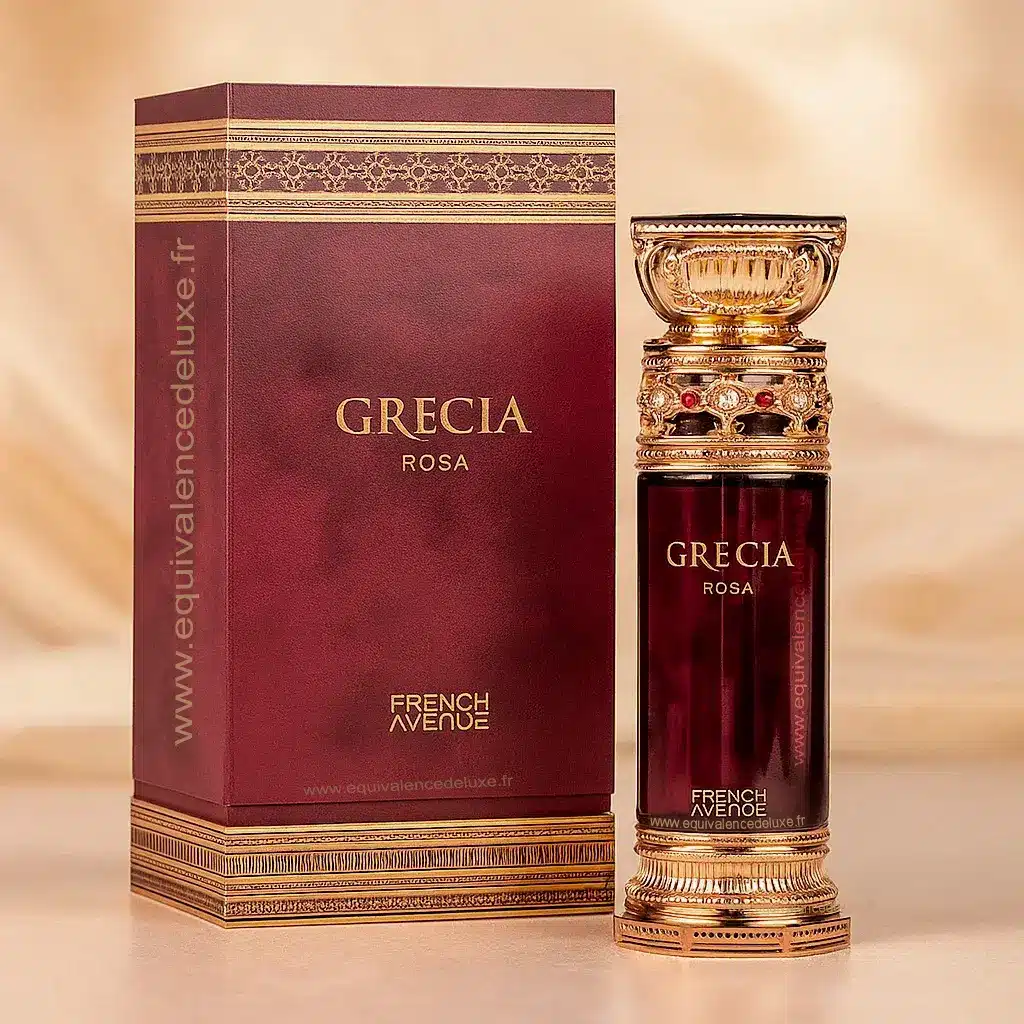 Grecia Rosa – Eau de Parfum Mixte 100ml 3 Flacon Grecia Rosa French Avenue sur fond élégant, parfum florale fruitée mixte