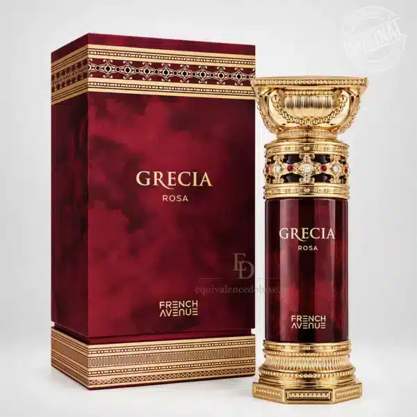 Flacon bordeaux Grecia Rosa French Avenue aux ornements dorés avec coffret assorti