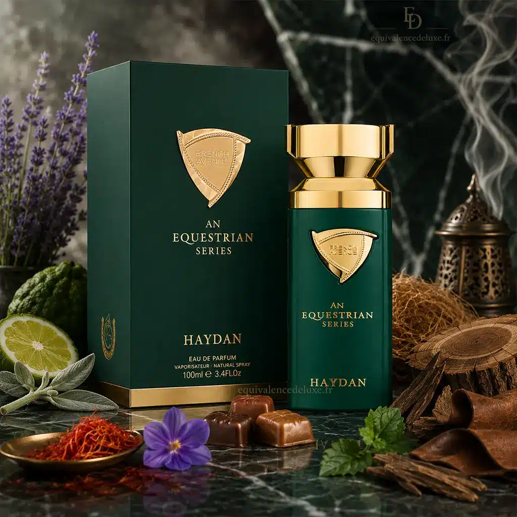 Haydan – Eau de Parfum Homme 100ml | Élégance boisée & aromatique 4 Haydan An Equestrian Series French Avenue avec flacon vert et boîte dans un décor boisé aromatique