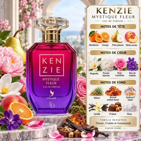 Kenzie Mystique Fleur Volaré – Notes Olfactives Pyramide olfactive Kenzie Mystique Fleur Volaré avec mandarine, poire, pêche, magnolia, pivoine, rose, vanille, praliné et musc