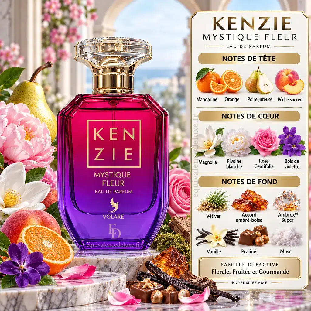 Kenzie Mystique Fleur – Volaré – Eau de Parfum Mixte 100 ml. 2 Pyramide olfactive Kenzie Mystique Fleur Volaré avec mandarine, poire, pêche, magnolia, pivoine, rose, vanille, praliné et musc