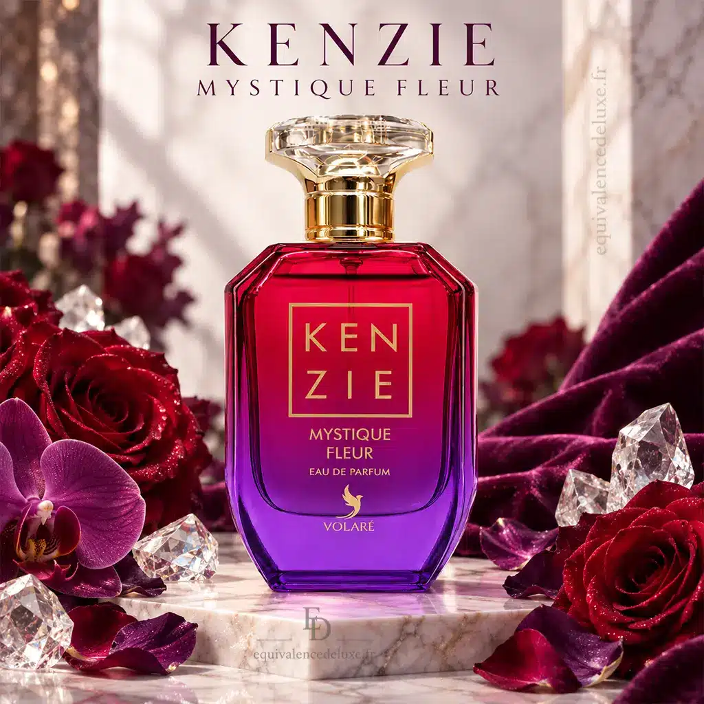 Kenzie Mystique Fleur – Volaré – Eau de Parfum Mixte 100 ml. 3 Flacon Kenzie Mystique Fleur Volaré rose et violet dans un décor luxueux de roses bordeaux, orchidée violette et cristaux