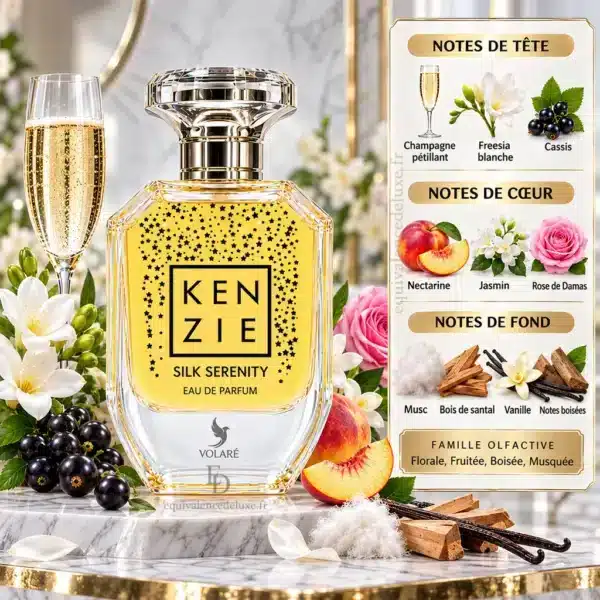 Kenzie Silk Serenity – Notes Olfactives Pyramide olfactive Kenzie Silk Serenity avec champagne, freesia blanc, cassis, nectarine, jasmin, rose de Damas, musc, santal et vanille