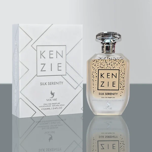 Parfums Pour Homme 58 Flacon Kenzie Silk Serenity Volaré devant un fond rose soyeux – parfum floral musqué féminin