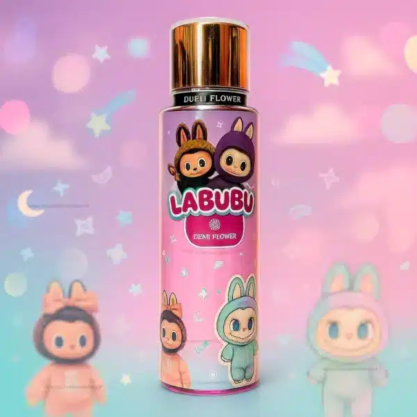 Labubu Dubai Flower – Brume Sucrée Florale Spray corporel Labubu rose avec illustrations kawaii et décor pastel