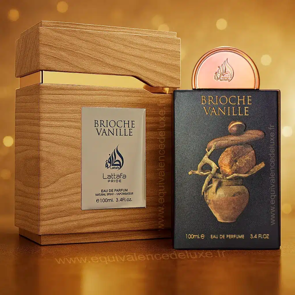 Brioche Vanille – Eau de Parfum Mixte 100 ml | Gourmand, Vanillé & Chic 3 Packaging Brioche Vanille Lattafa mis en valeur sur fond chaud, parfum unisexe gourmet