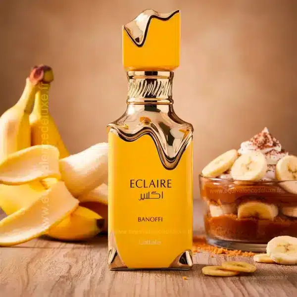 Lattafa Eclaire Banoffi – Fragrance Gourmande Crémeuse Présentation du parfum Eclaire Banoffi avec son packaging doré et moderne
