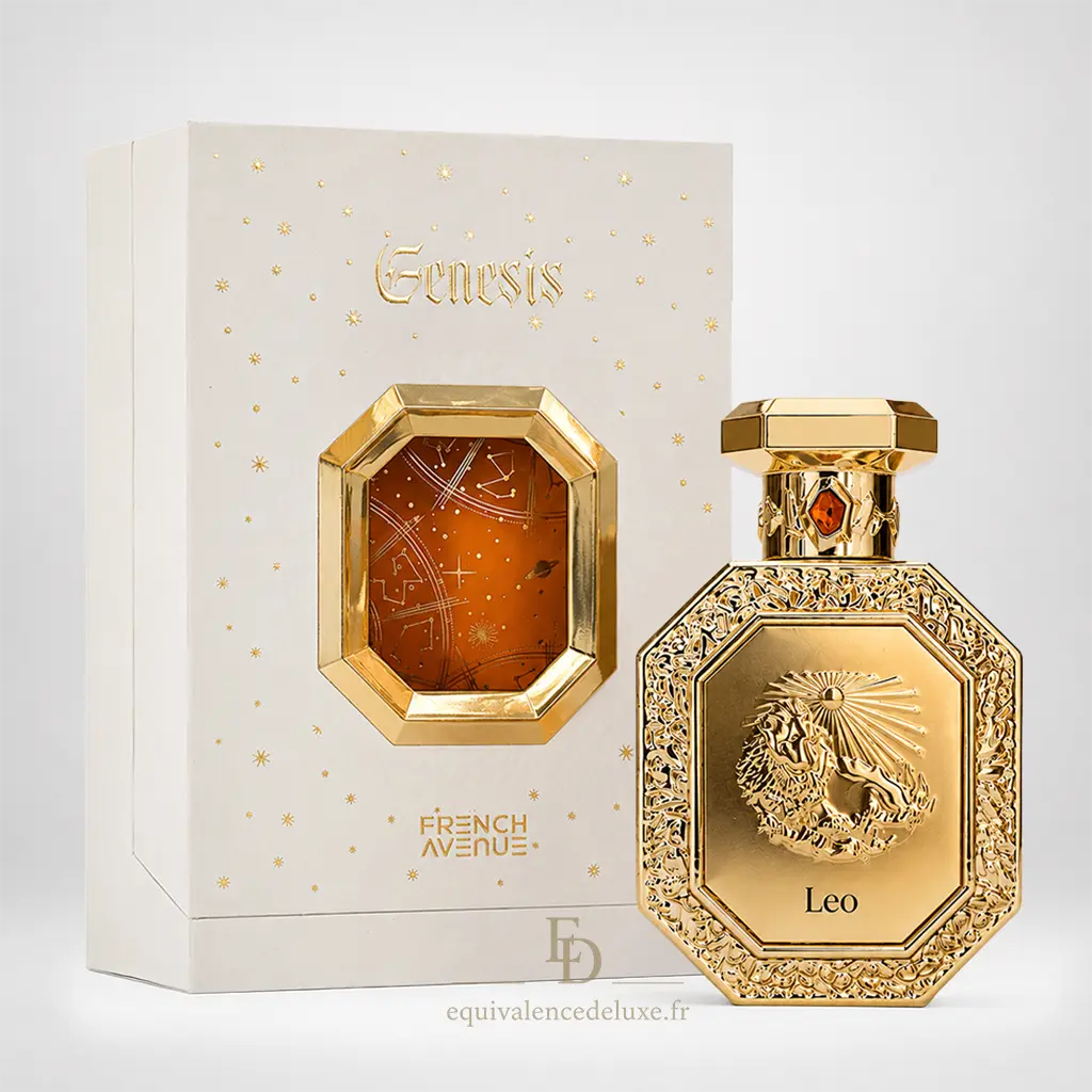 Leo – Parfum Oriental Ambré Prestige | French Avenue 1 Leo French Avenue Eau de Parfum mixte 100 ml collection Genesis avec flacon doré et boîte blanche